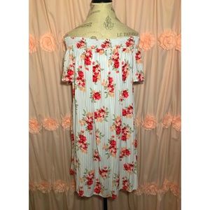 N.Y.L.A Blue Off Shoulder Striped Dress with Red Roses